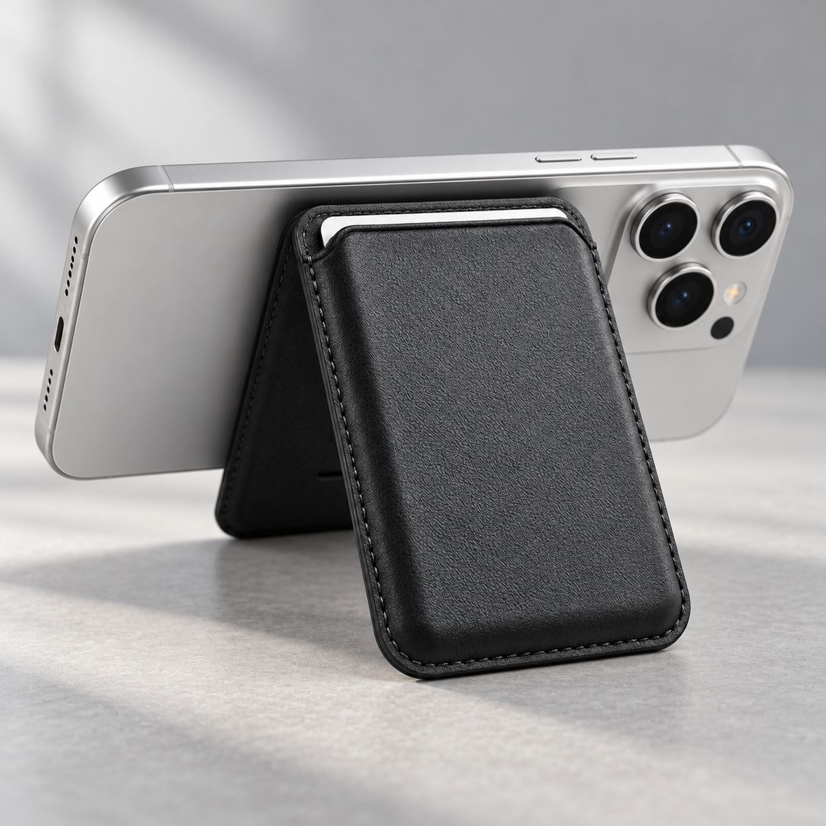 Black wallet supporting a silver phone in landscape stand position.