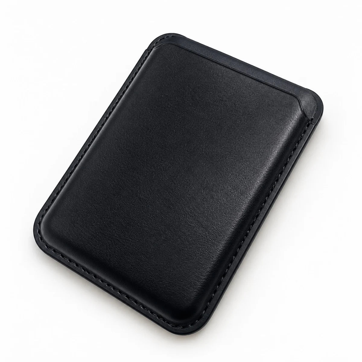 Black wallet on a white background, showing its card pocket and stitched edges.