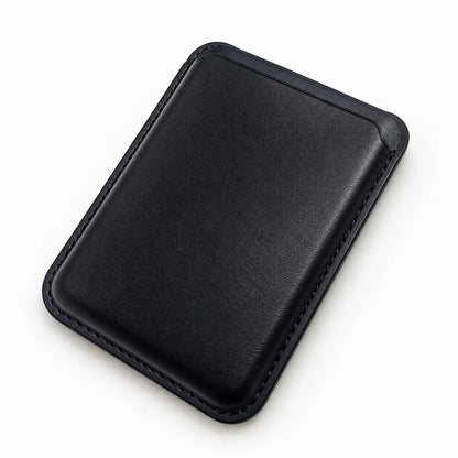 Black wallet on a white background, showing its card pocket and stitched edges.