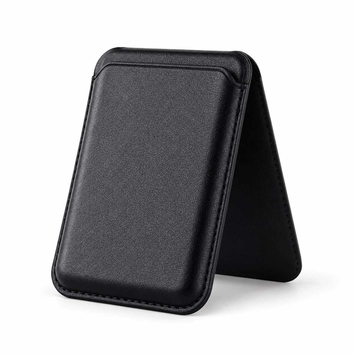 Black wallet unfolded into a stand on a white background.