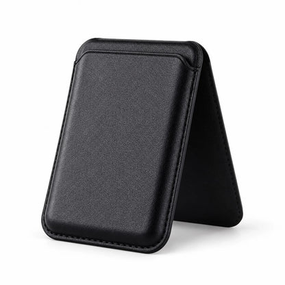 Black wallet unfolded into a stand on a white background.