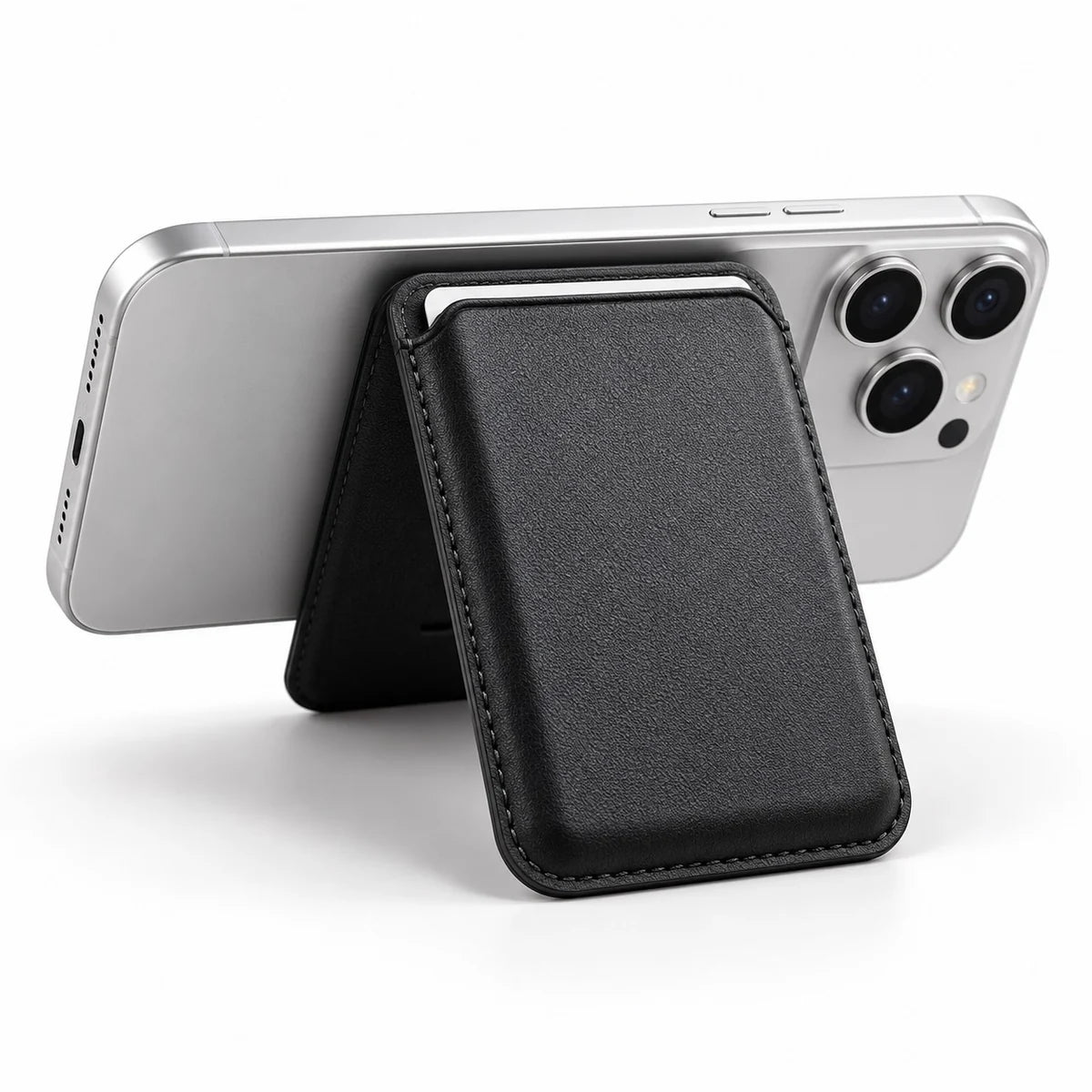 Black wallet supporting a silver phone in landscape stand position.