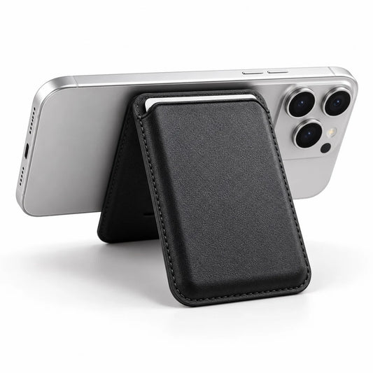 Black wallet supporting a silver phone in landscape stand position.