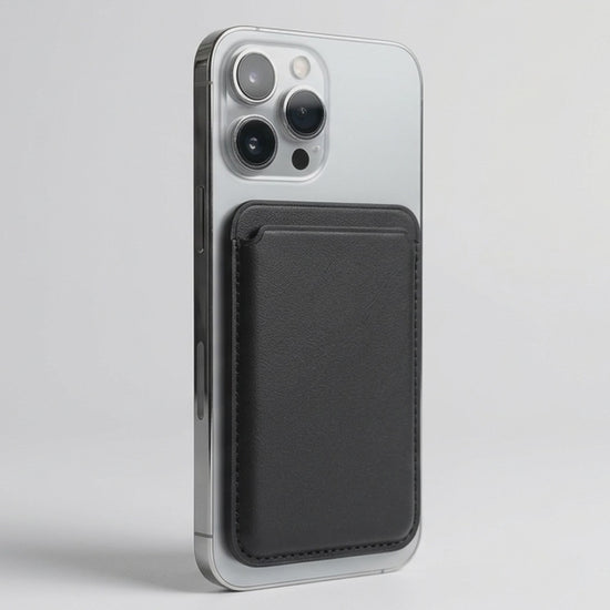 AI-styled product video of a black magnetic wallet and phone stand. Phone shown for illustration; not included.