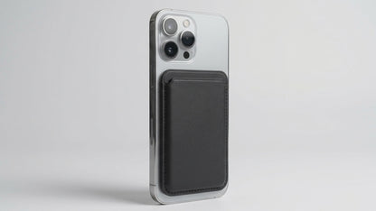 AI-styled product video of a black magnetic wallet and phone stand. Phone shown for illustration; not included.