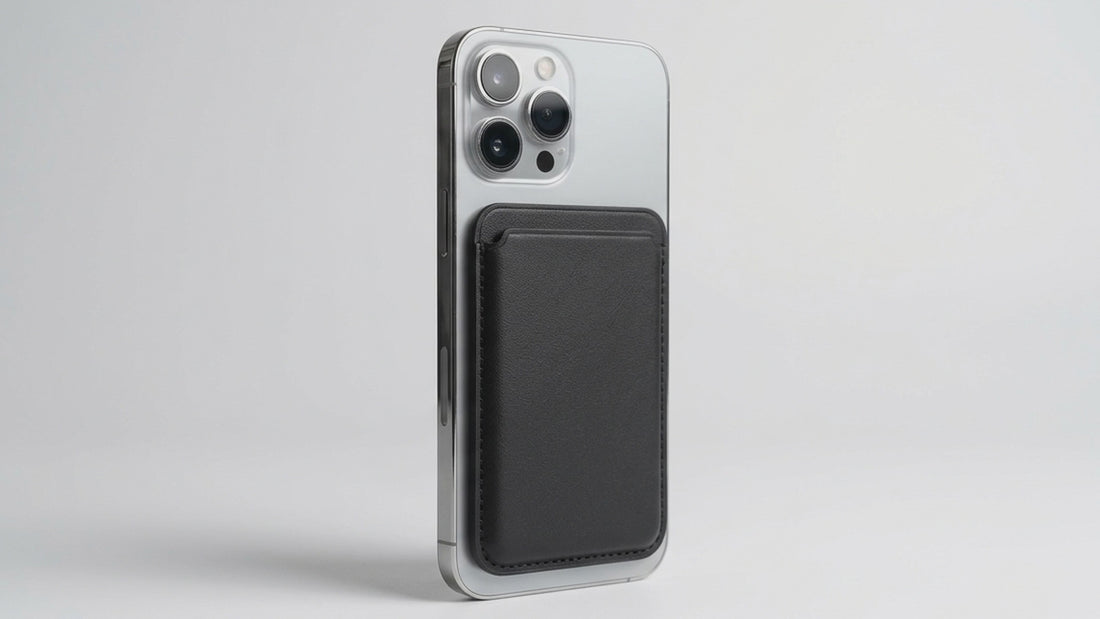 AI-styled product video of a black magnetic wallet and phone stand. Phone shown for illustration; not included.
